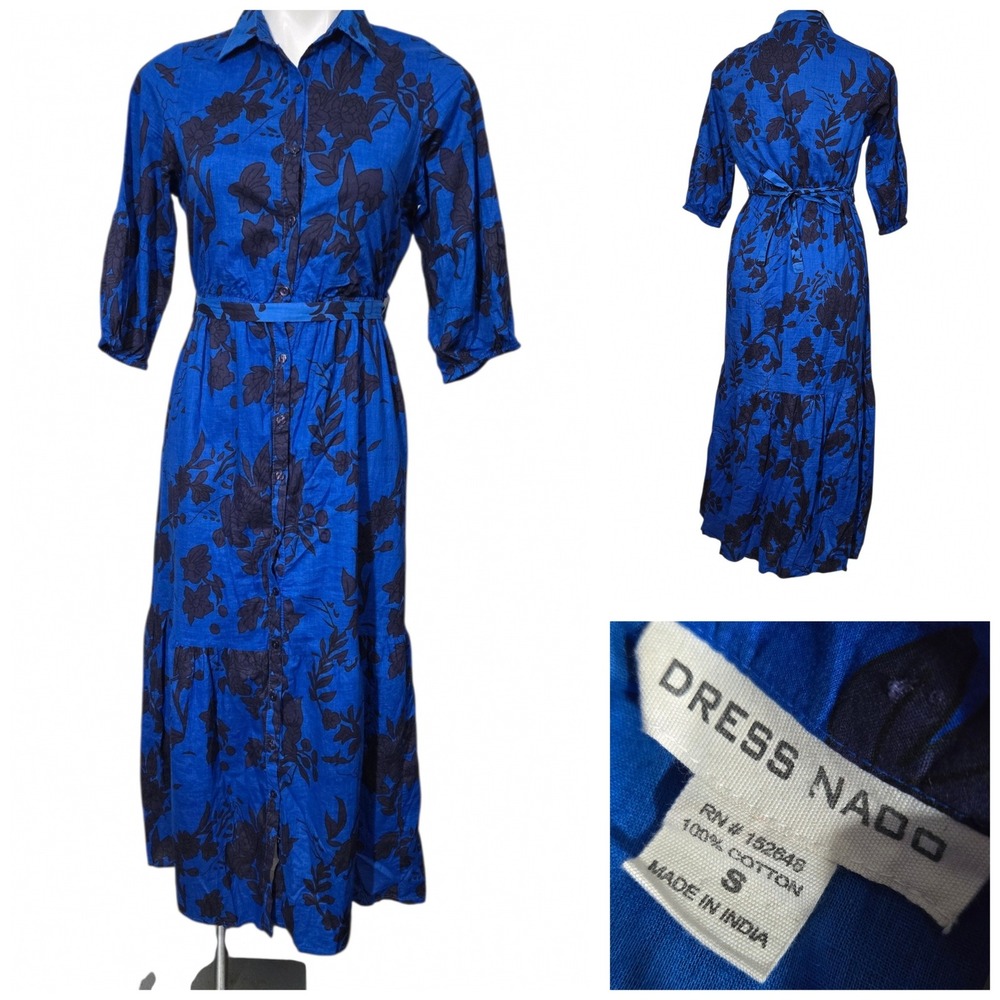 Dress Nado Blue Floral Cotton Maxi Shirt Dress Tiered Belted Small RN 152648